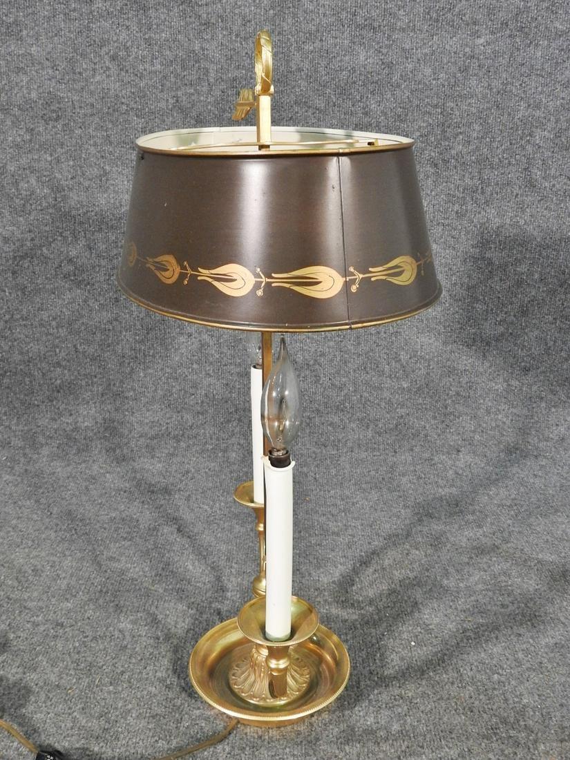 French Empire Tole Painted Metal Shade Brass Bugle Table Lamp, circa 1950s