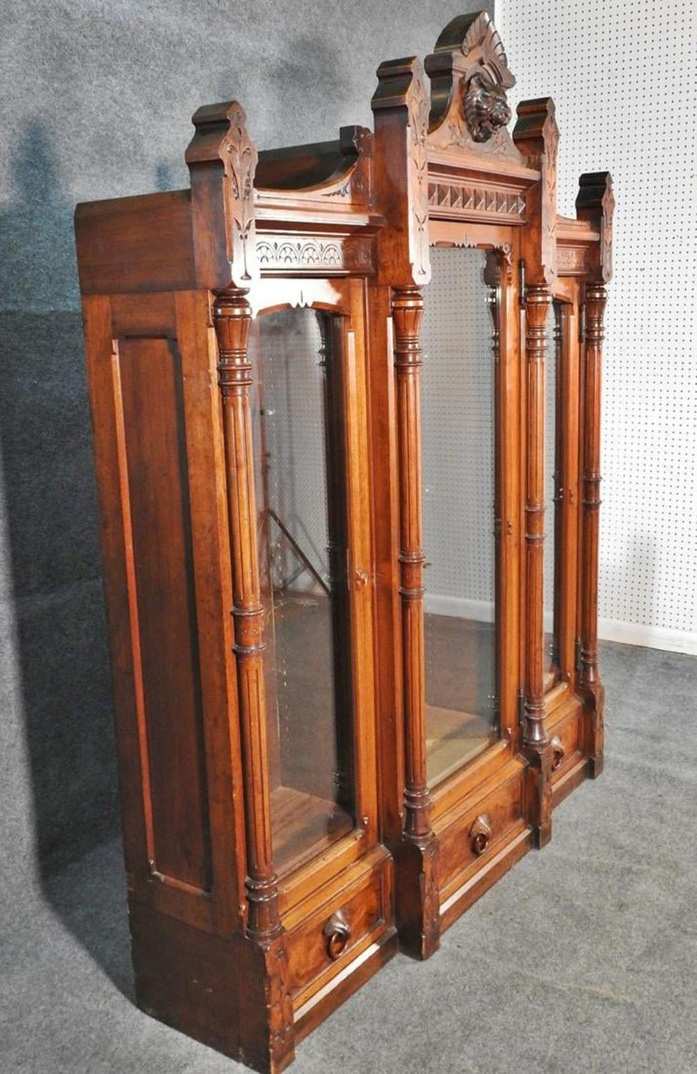 Daniel Pabst Walnut Renaissance Revival Victorian Three-Door Bookcase circa 1870