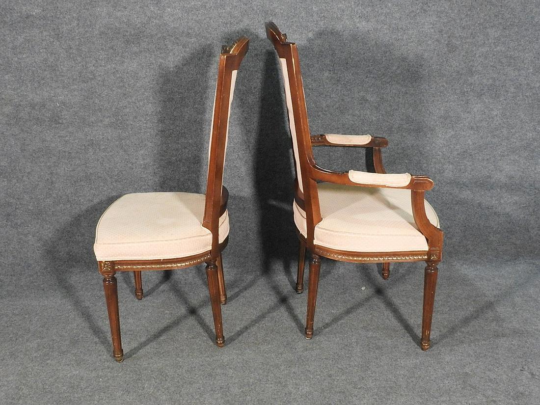 Set of Six Carved Walnut French Louis XVI Tall Back Dining Chairs, circa 1940s