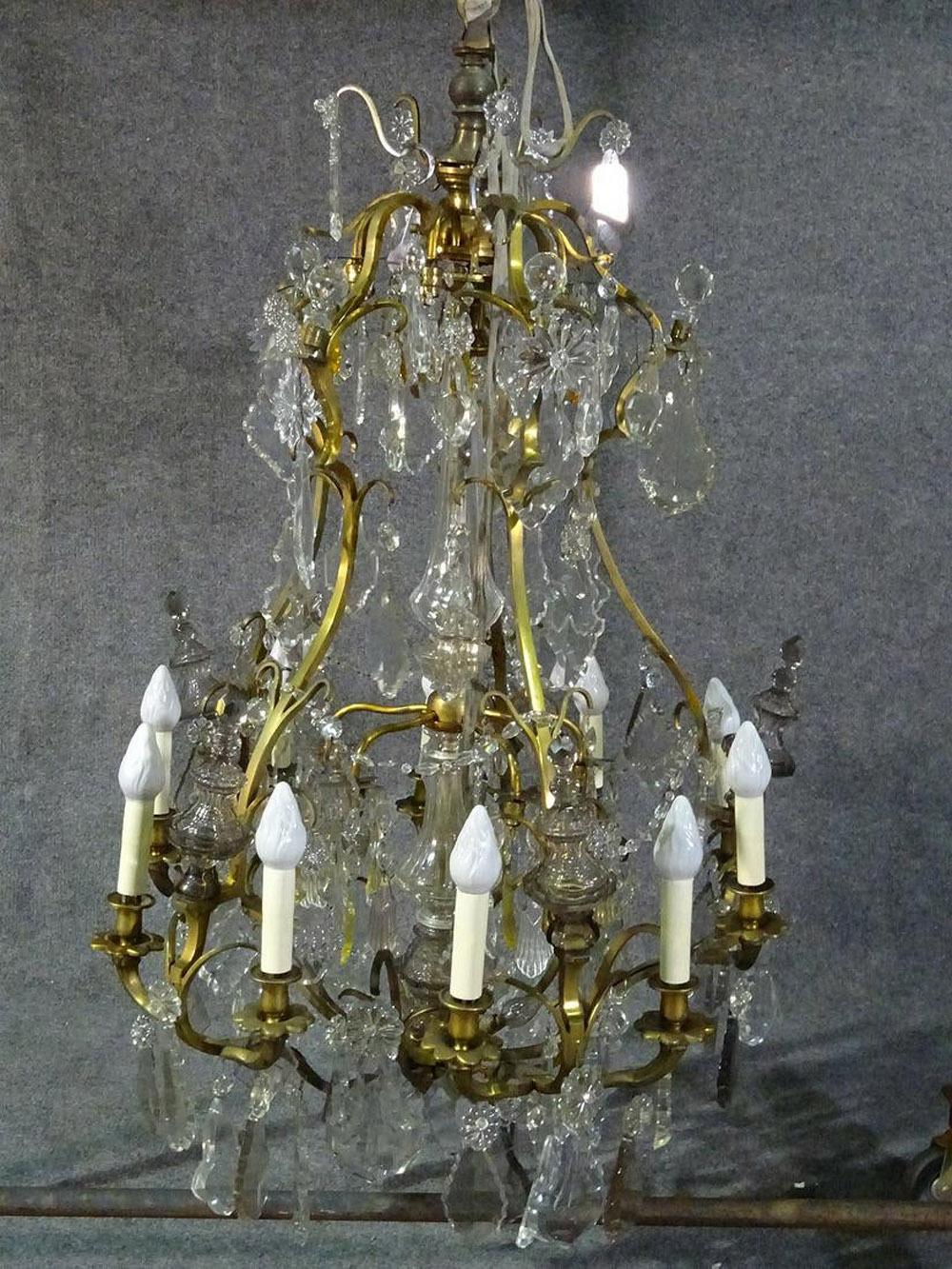 Brass Louis XVI Style 1930s Crystal Pendant Chandelier with Crystal Spires