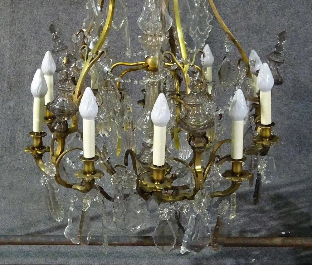 Brass Louis XVI Style 1930s Crystal Pendant Chandelier with Crystal Spires