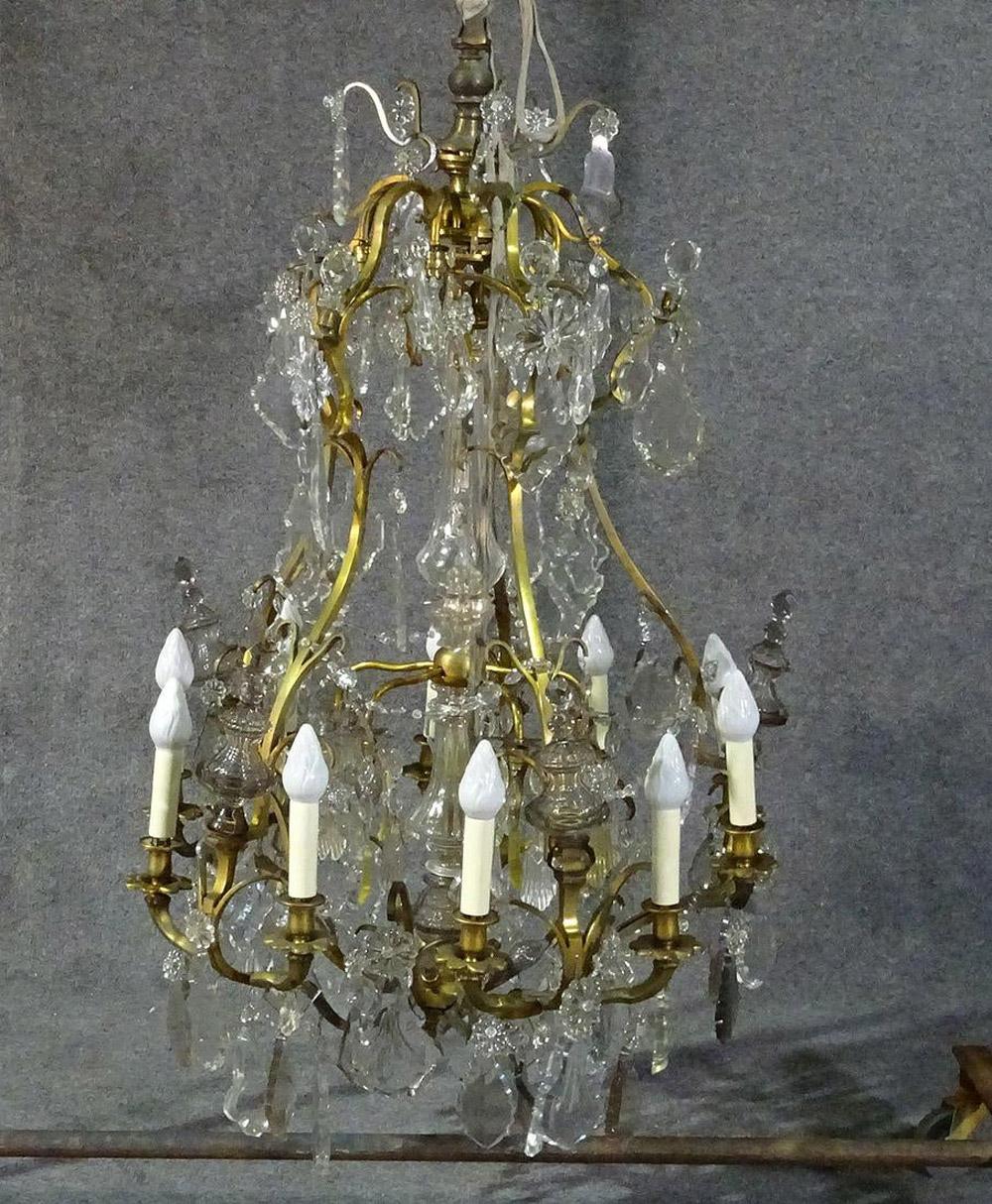 Brass Louis XVI Style 1930s Crystal Pendant Chandelier with Crystal Spires