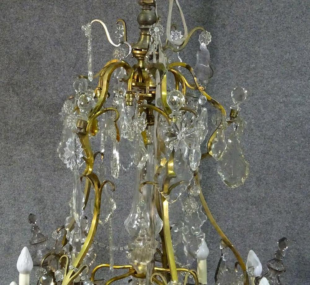 Brass Louis XVI Style 1930s Crystal Pendant Chandelier with Crystal Spires