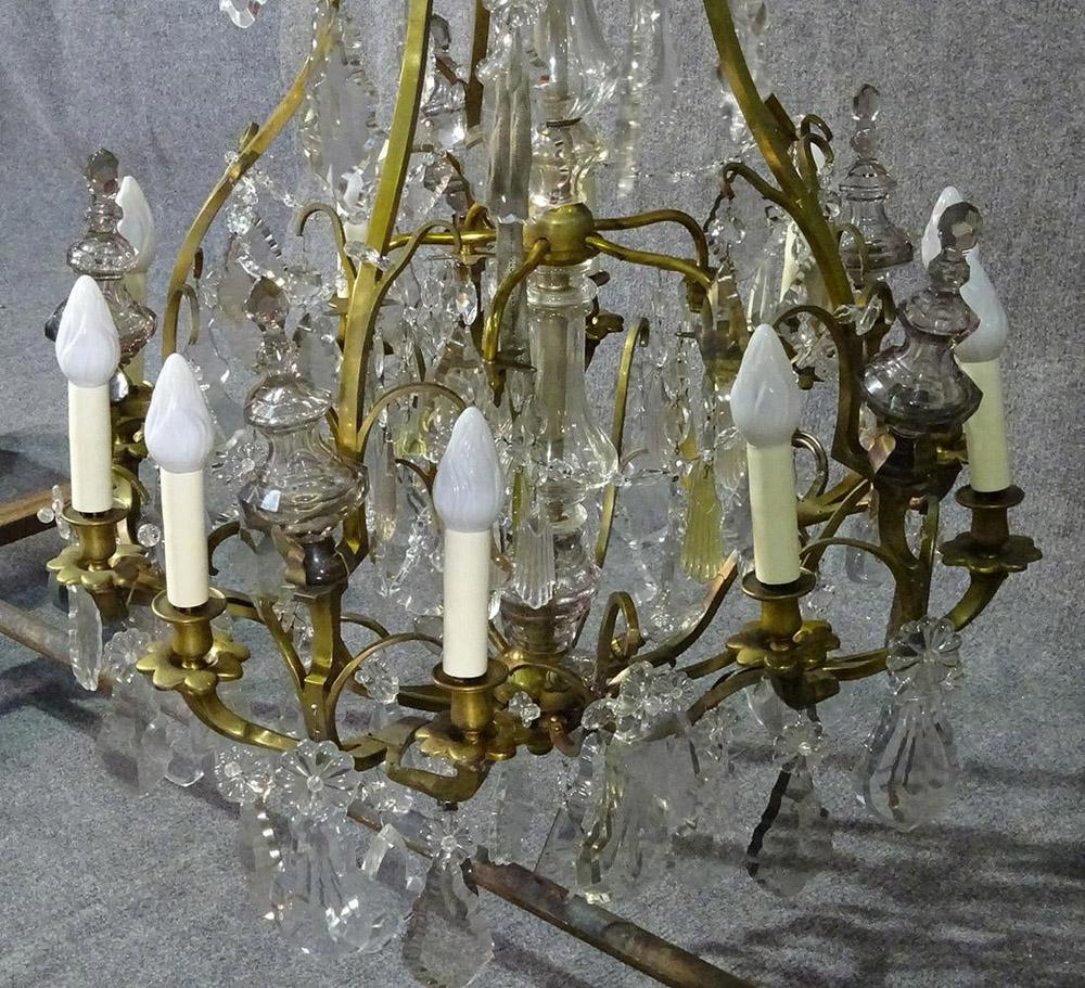 Brass Louis XVI Style 1930s Crystal Pendant Chandelier with Crystal Spires