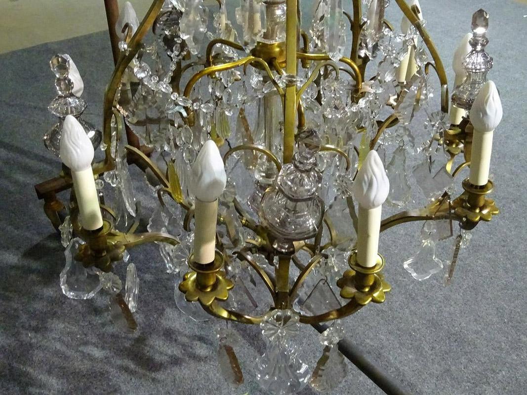 Brass Louis XVI Style 1930s Crystal Pendant Chandelier with Crystal Spires