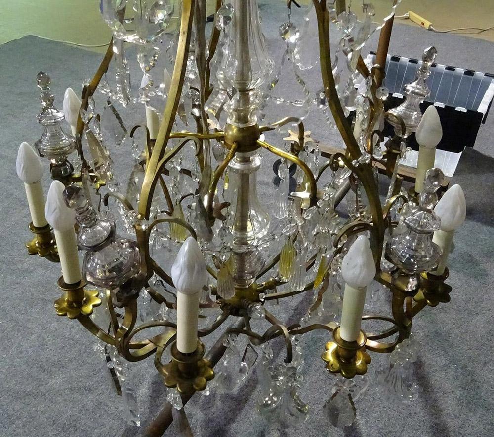 Brass Louis XVI Style 1930s Crystal Pendant Chandelier with Crystal Spires