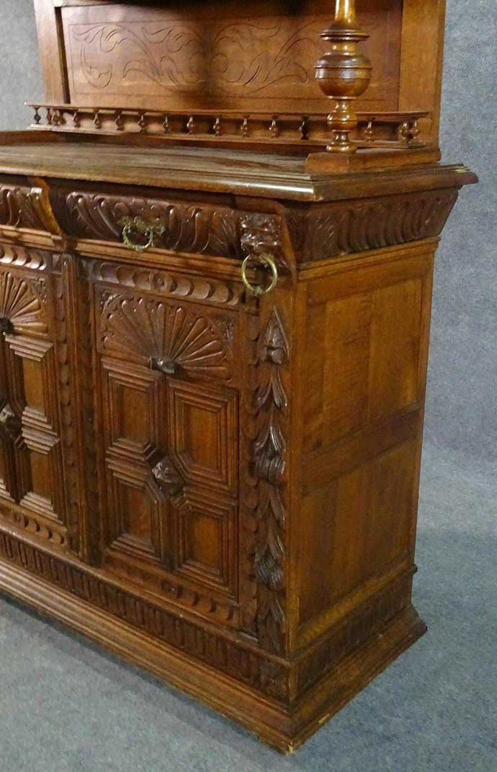 Narrow French Brittany Lion Carved Oak Court Cupboard China Cabinet Vitrine