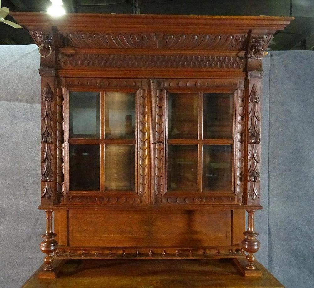 Narrow French Brittany Lion Carved Oak Court Cupboard China Cabinet Vitrine