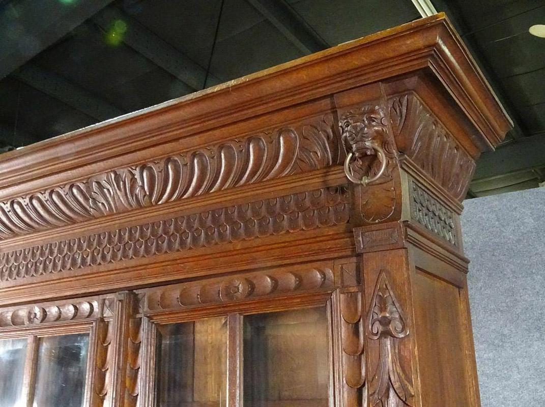 Narrow French Brittany Lion Carved Oak Court Cupboard China Cabinet Vitrine