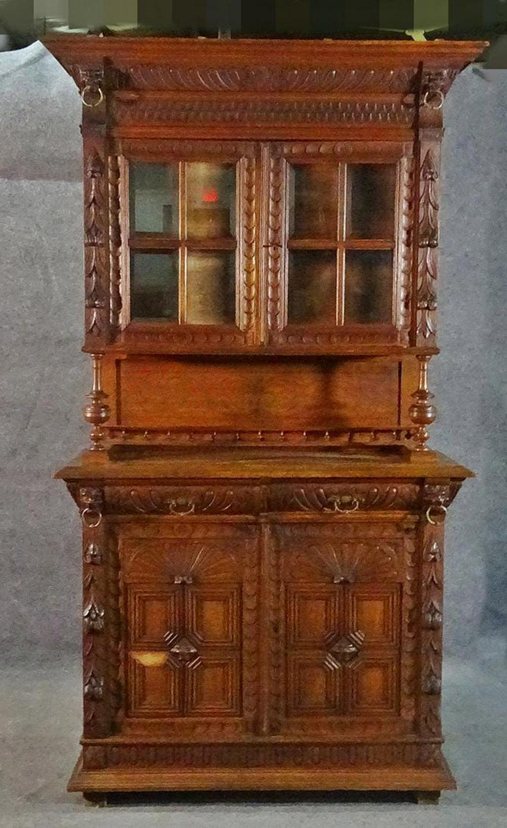 Narrow French Brittany Lion Carved Oak Court Cupboard China Cabinet Vitrine