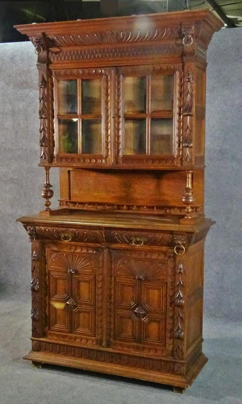 Narrow French Brittany Lion Carved Oak Court Cupboard China Cabinet Vitrine