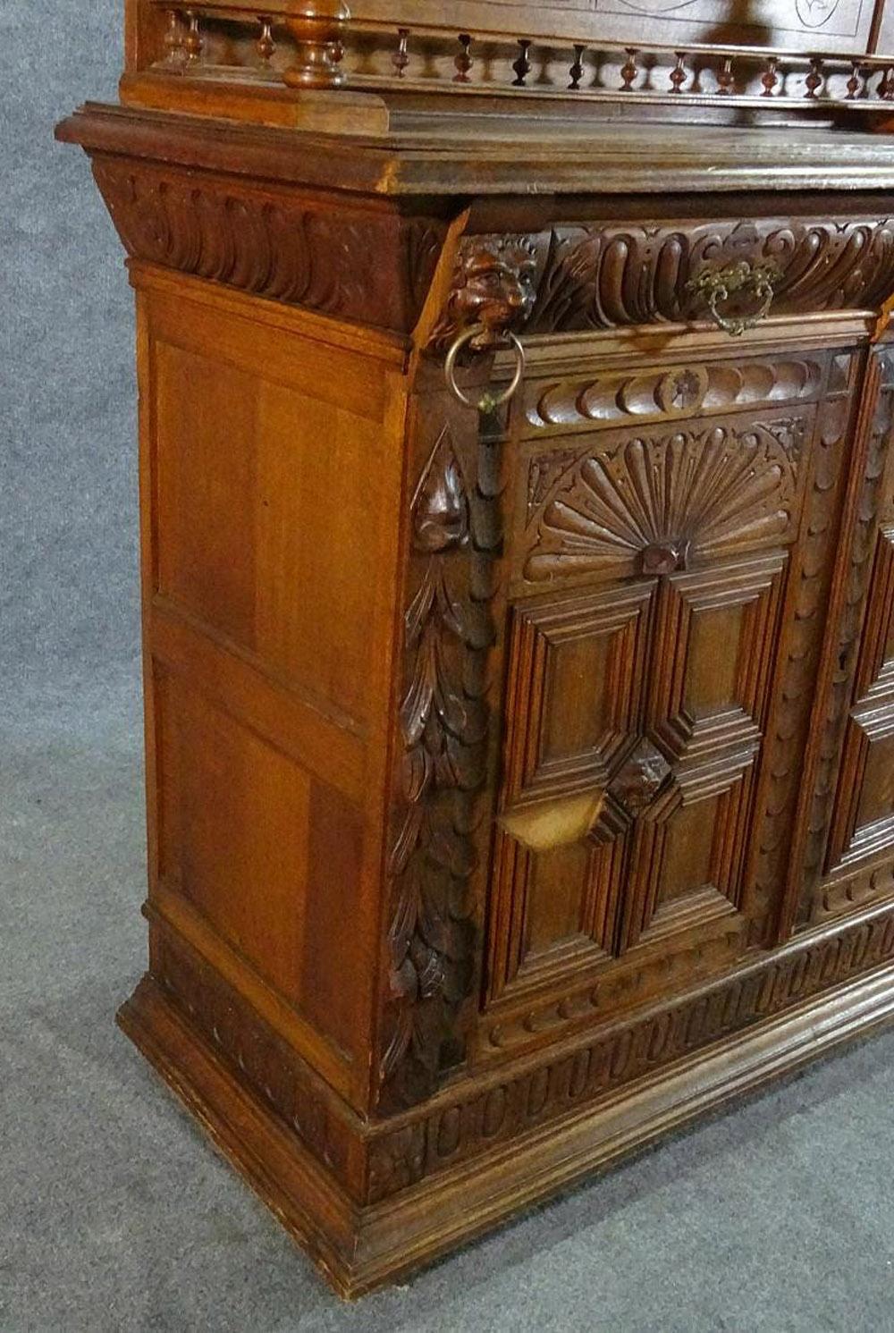 Narrow French Brittany Lion Carved Oak Court Cupboard China Cabinet Vitrine