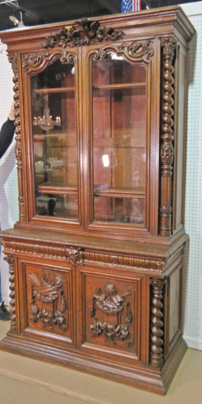 Solid Oak French Carved Two Piece China Cabinet Bookcase circa 1870s