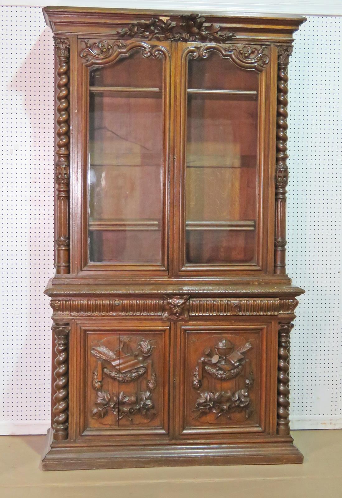 Solid Oak French Carved Two Piece China Cabinet Bookcase circa 1870s