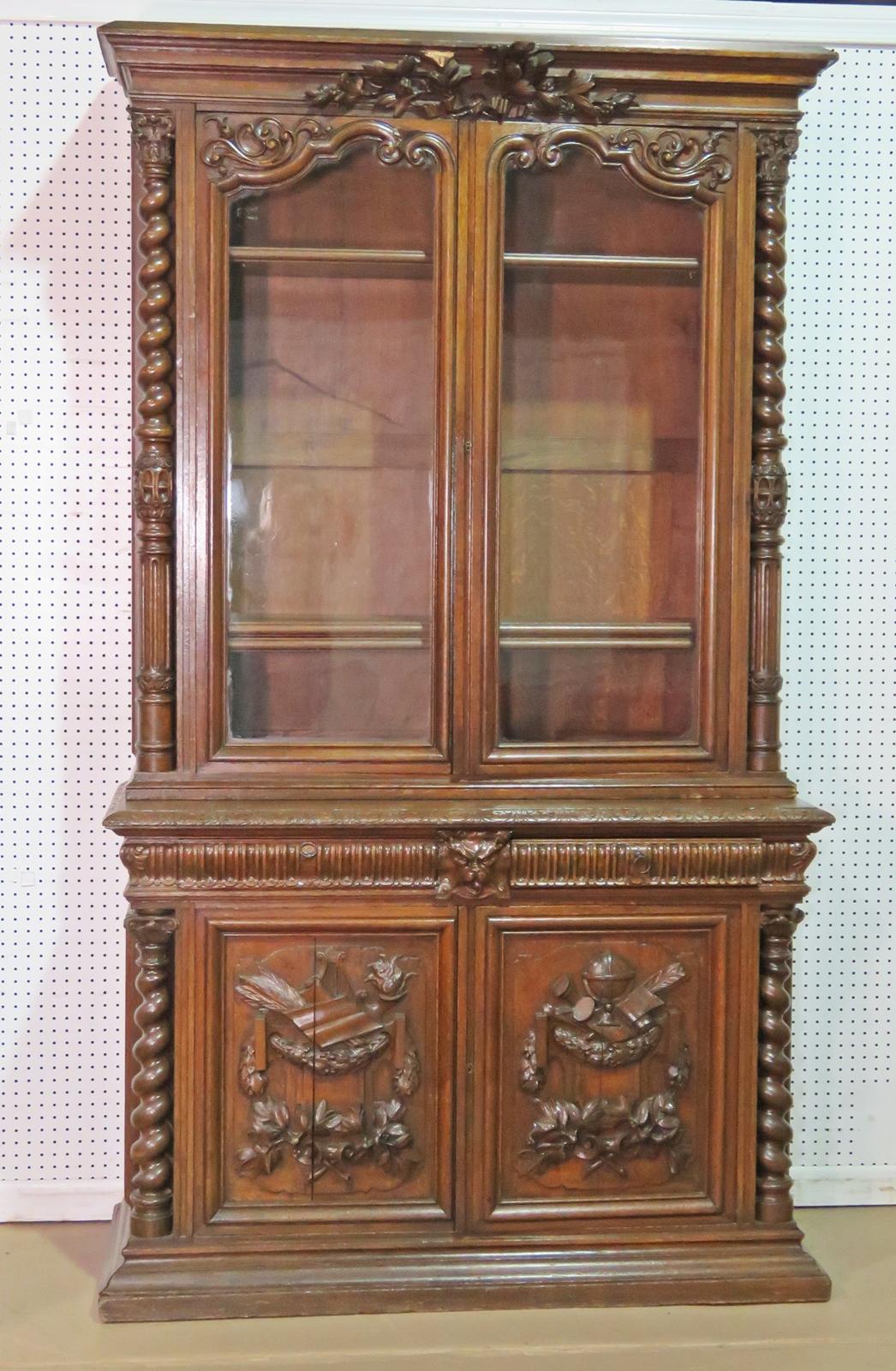 Solid Oak French Carved Two Piece China Cabinet Bookcase circa 1870s