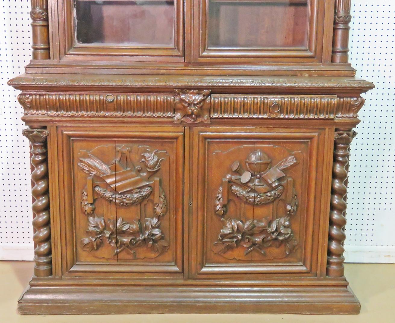 Solid Oak French Carved Two Piece China Cabinet Bookcase circa 1870s