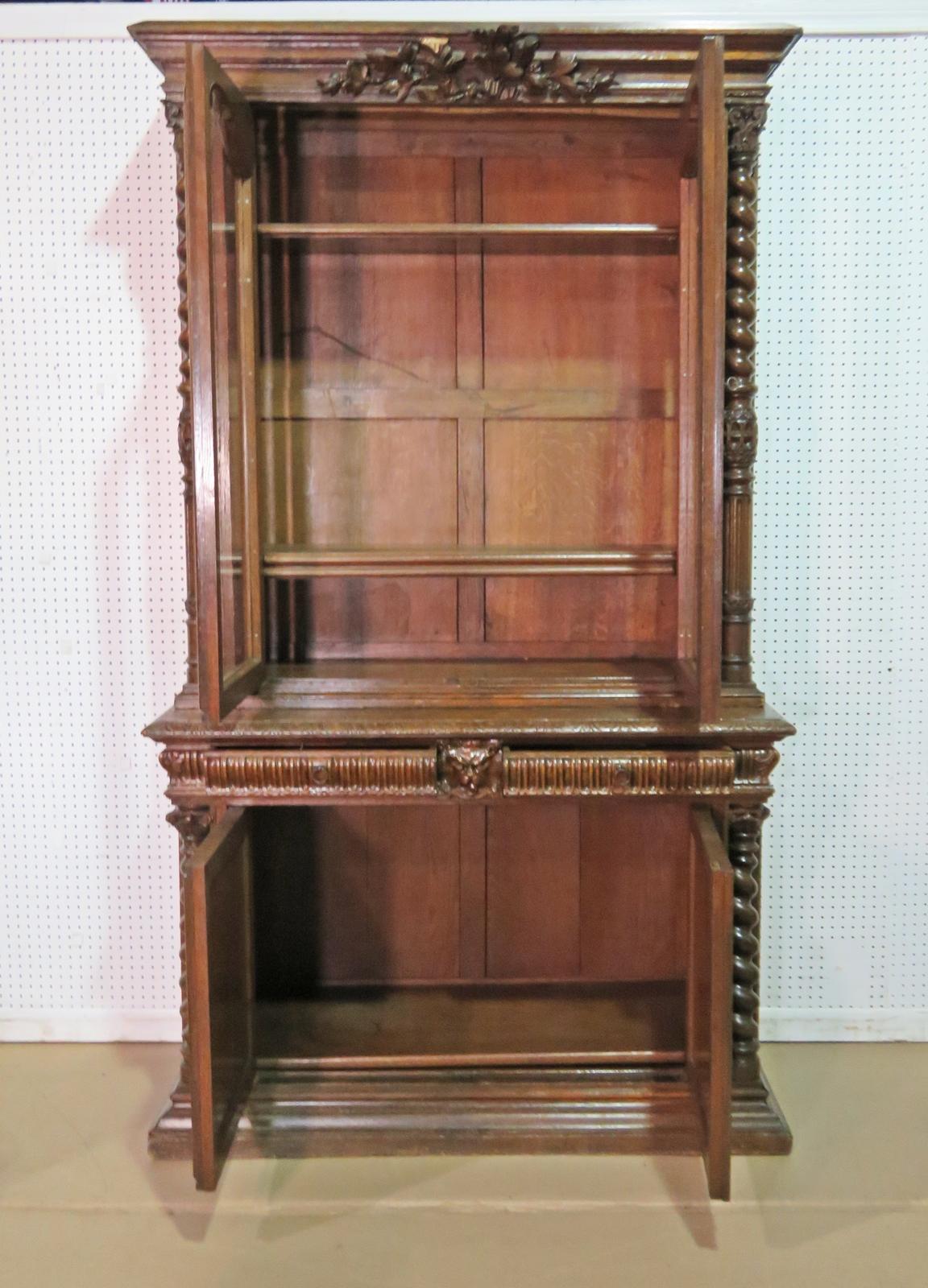 Solid Oak French Carved Two Piece China Cabinet Bookcase circa 1870s