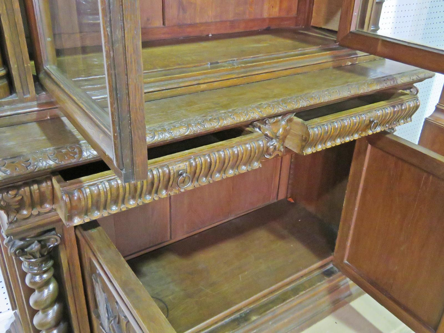 Solid Oak French Carved Two Piece China Cabinet Bookcase circa 1870s