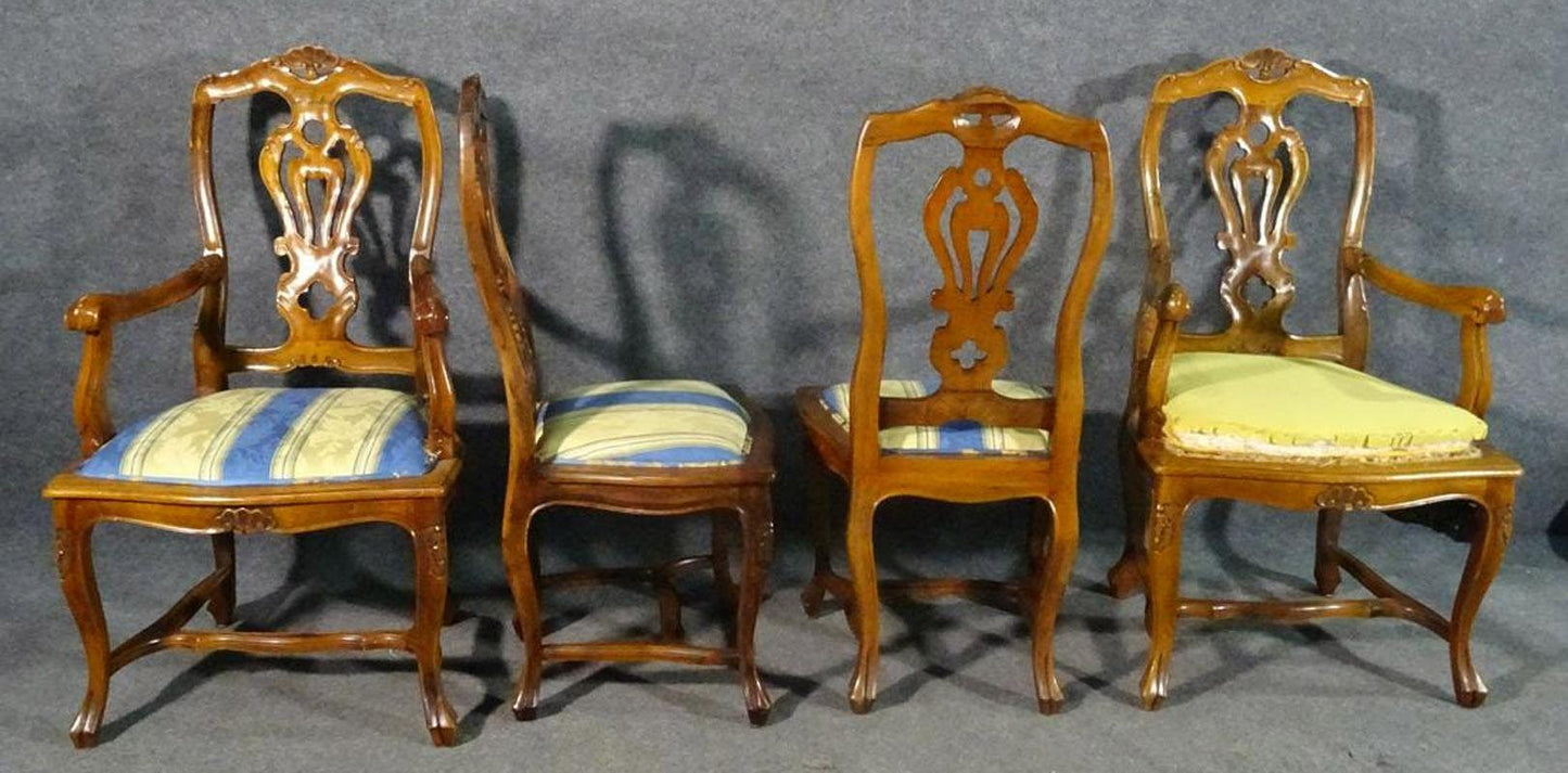 Set of 8 French Louis XV Carved Walnut Twist Back Dining Chairs, C1960s