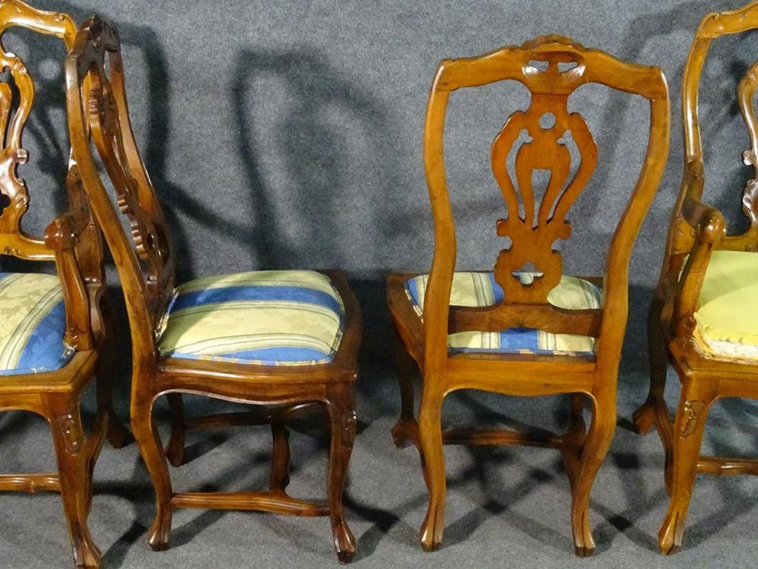 Set of 8 French Louis XV Carved Walnut Twist Back Dining Chairs, C1960s