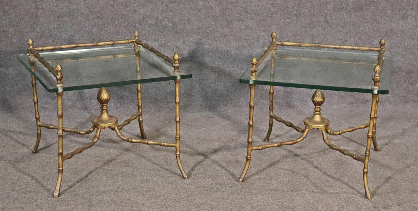 Pair Square Glass and Bronze Bagues Style Faux Bamboo End Tables, circa 1960