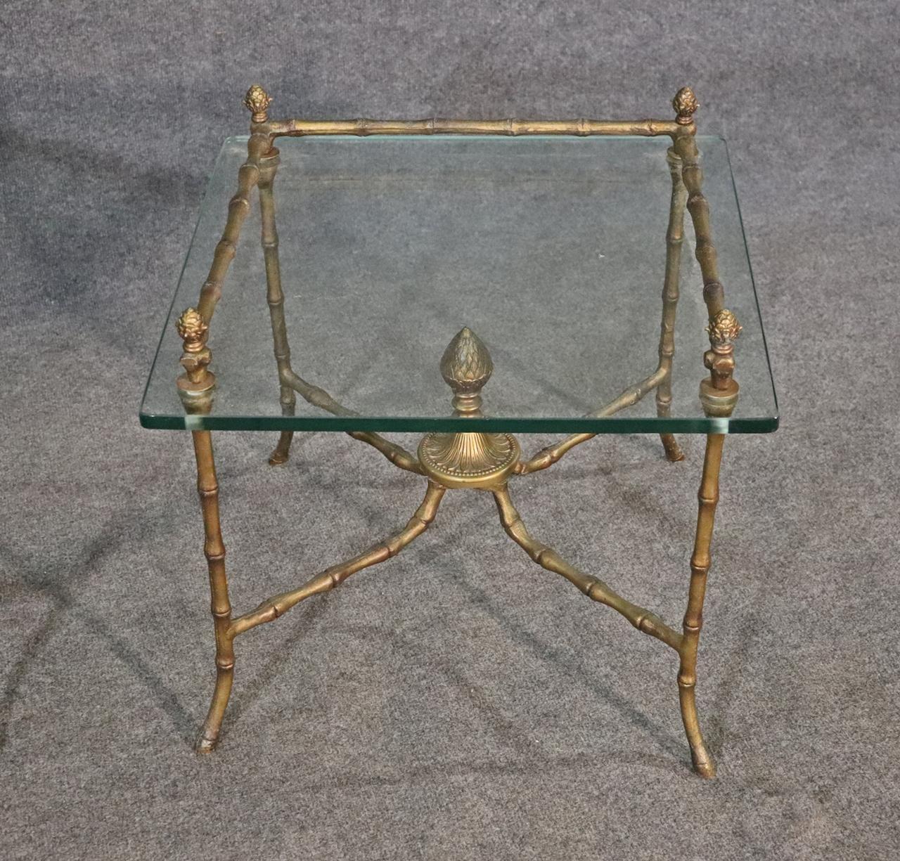 Pair Square Glass and Bronze Bagues Style Faux Bamboo End Tables, circa 1960