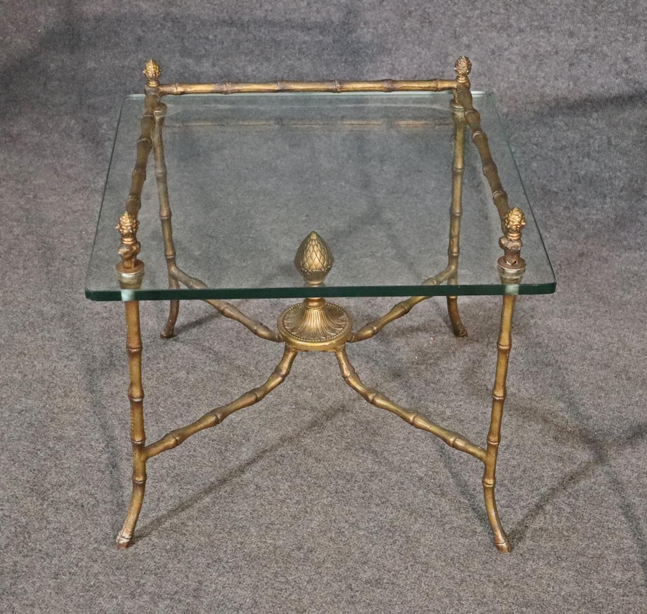 Pair Square Glass and Bronze Bagues Style Faux Bamboo End Tables, circa 1960