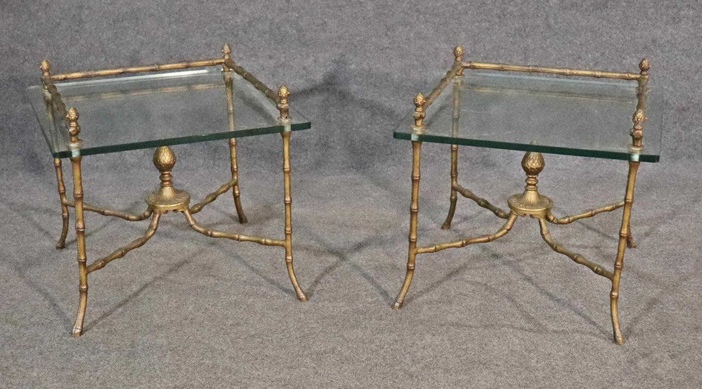 Pair Square Glass and Bronze Bagues Style Faux Bamboo End Tables, circa 1960