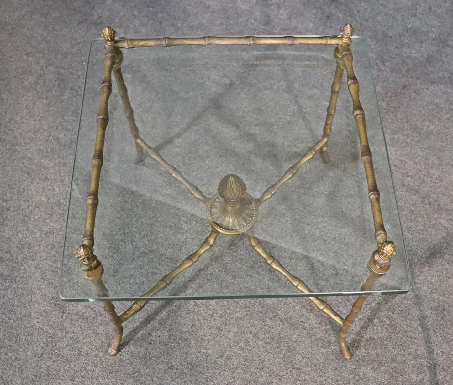 Pair Square Glass and Bronze Bagues Style Faux Bamboo End Tables, circa 1960