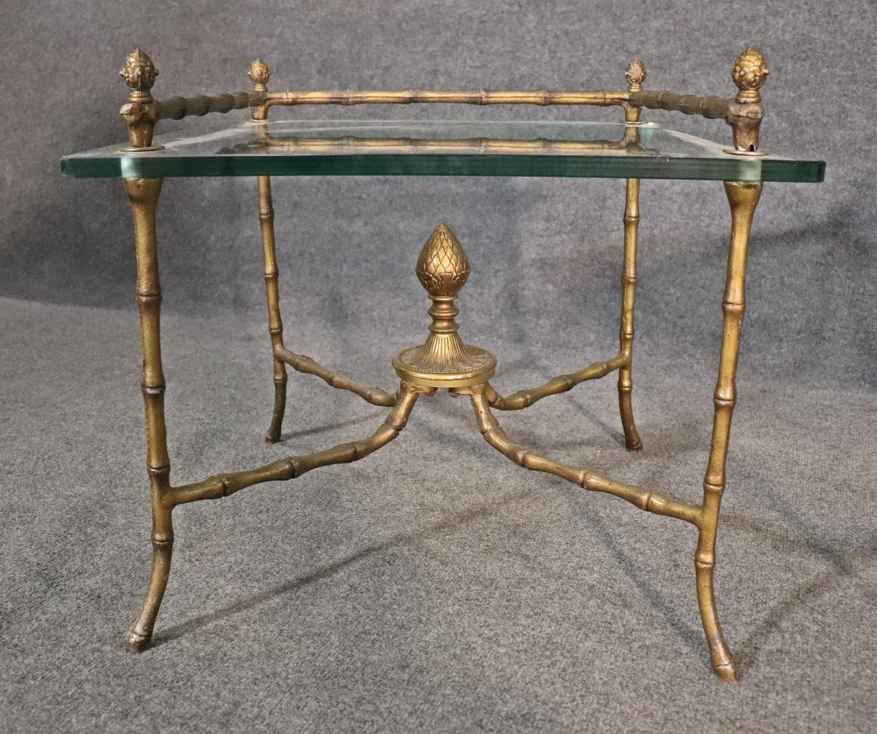 Pair Square Glass and Bronze Bagues Style Faux Bamboo End Tables, circa 1960