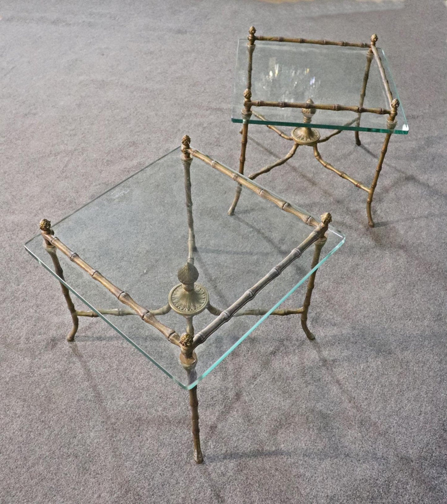 Pair Square Glass and Bronze Bagues Style Faux Bamboo End Tables, circa 1960