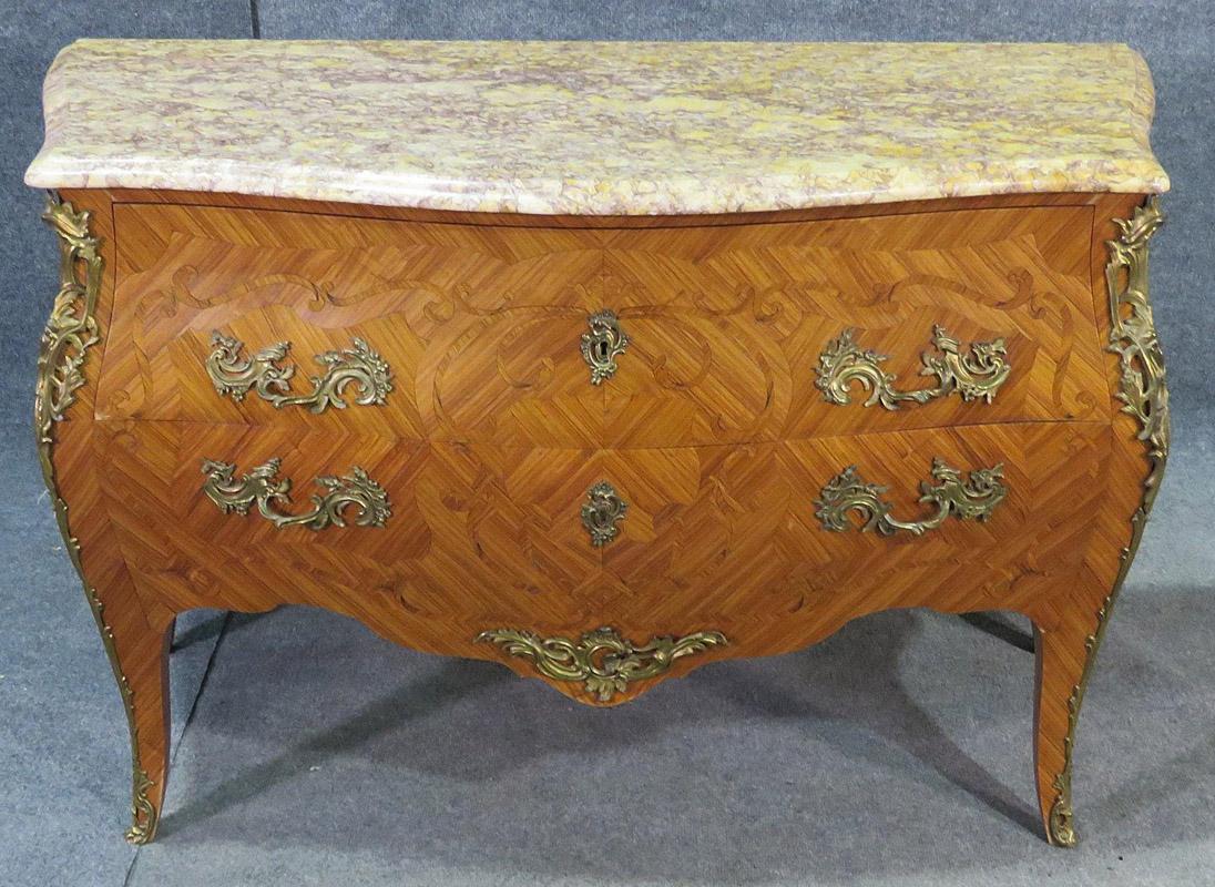 French Kingwood Louis XV Marble Top Commode with Bronze Ormolu