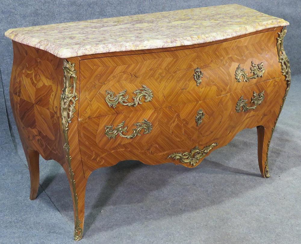 French Kingwood Louis XV Marble Top Commode with Bronze Ormolu