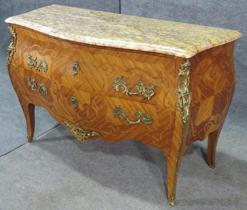 French Kingwood Louis XV Marble Top Commode with Bronze Ormolu