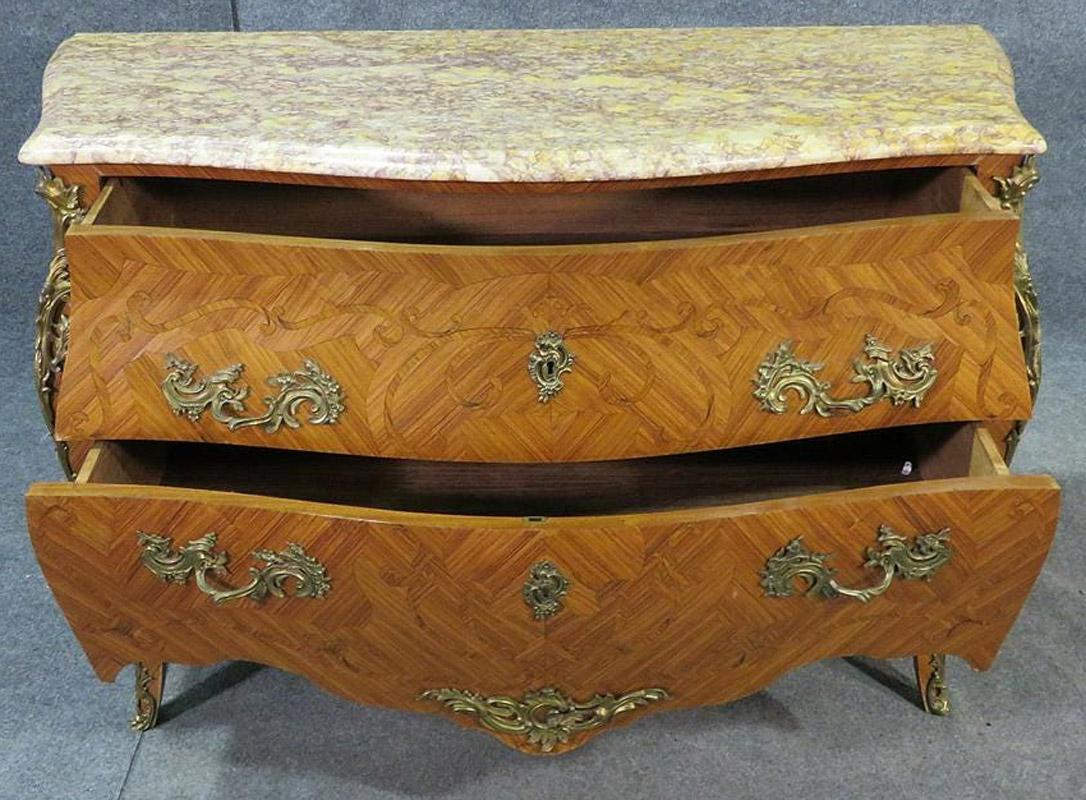 French Kingwood Louis XV Marble Top Commode with Bronze Ormolu