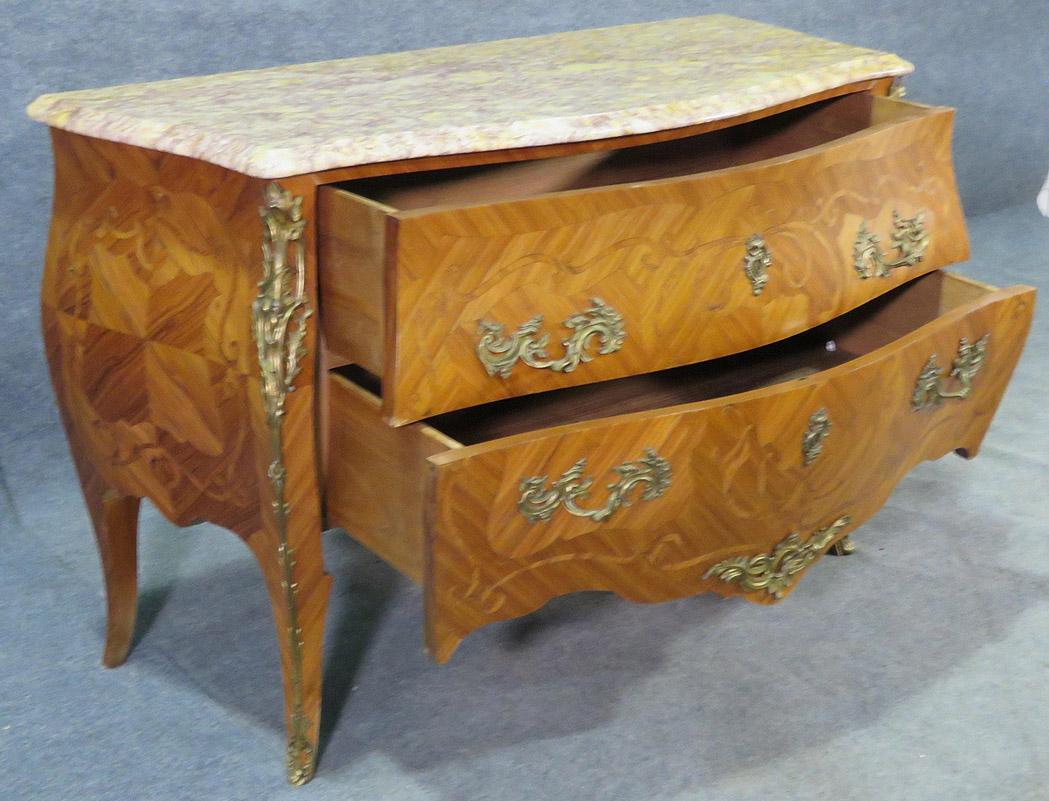 French Kingwood Louis XV Marble Top Commode with Bronze Ormolu