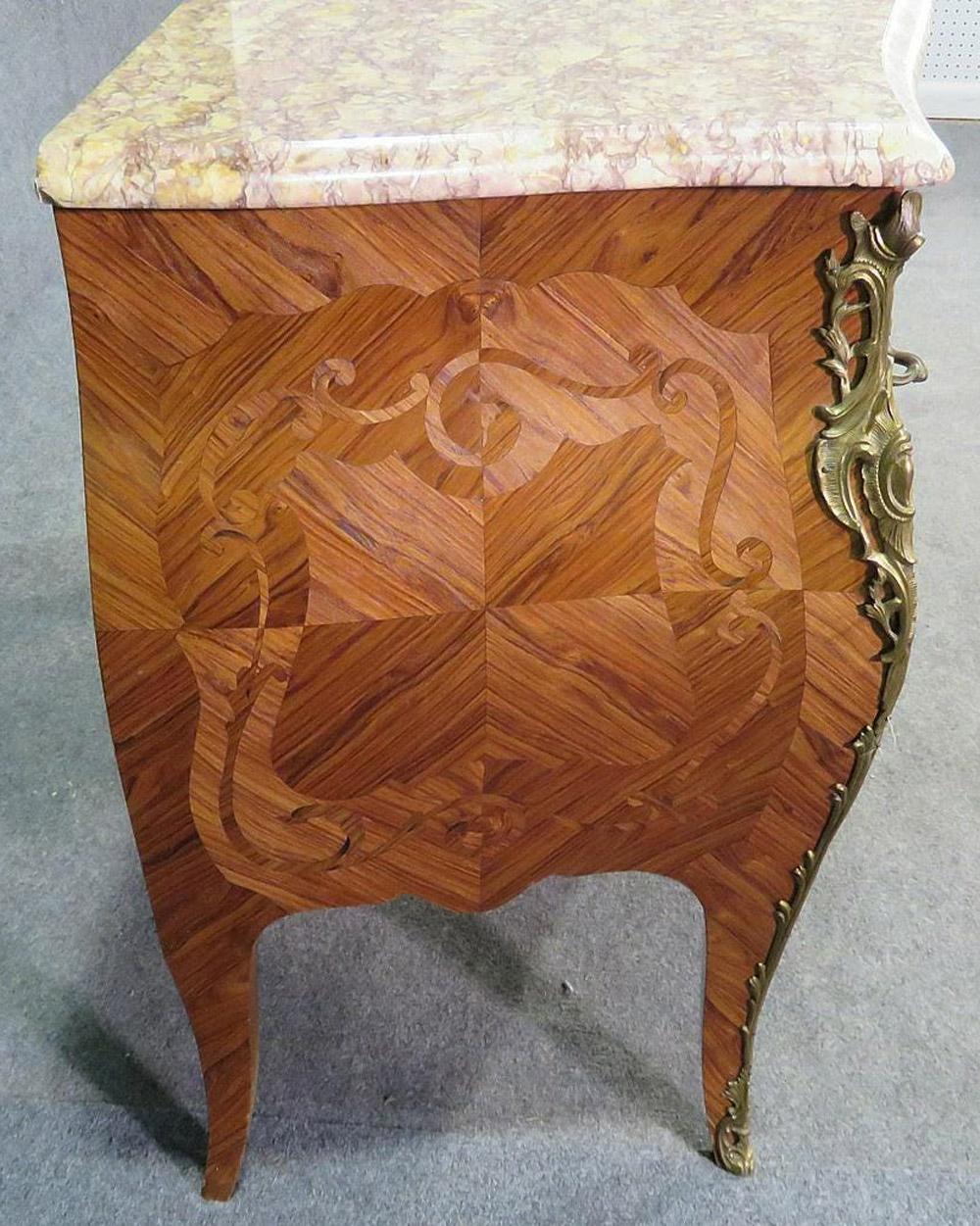 French Kingwood Louis XV Marble Top Commode with Bronze Ormolu