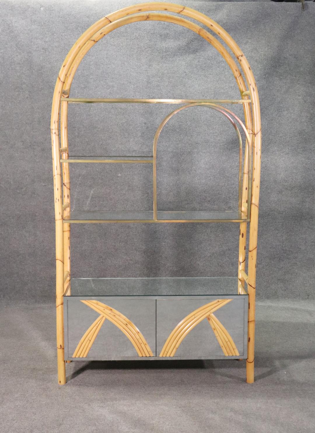 Mid Century Modern Rattan Brass Glass and MIrrored Etagere Display Shelf