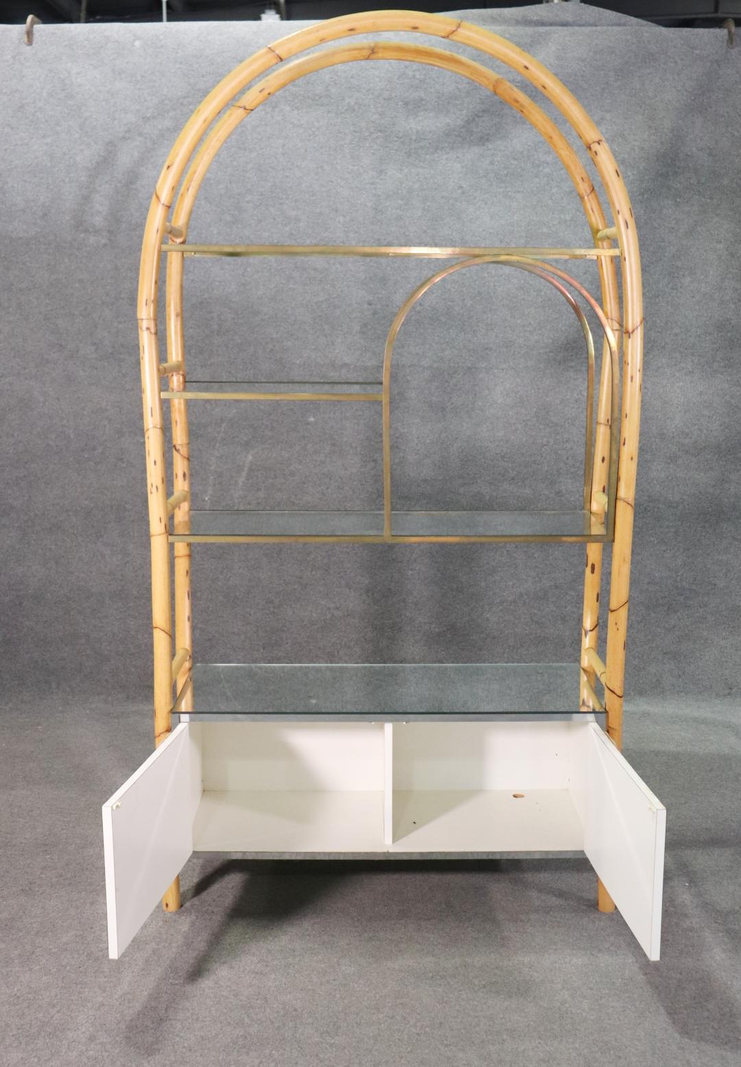 Mid Century Modern Rattan Brass Glass and MIrrored Etagere Display Shelf