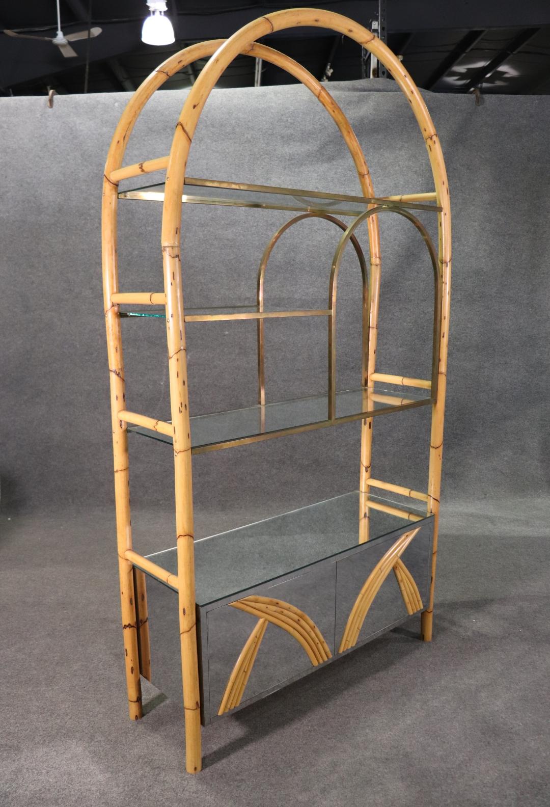 Mid Century Modern Rattan Brass Glass and MIrrored Etagere Display Shelf