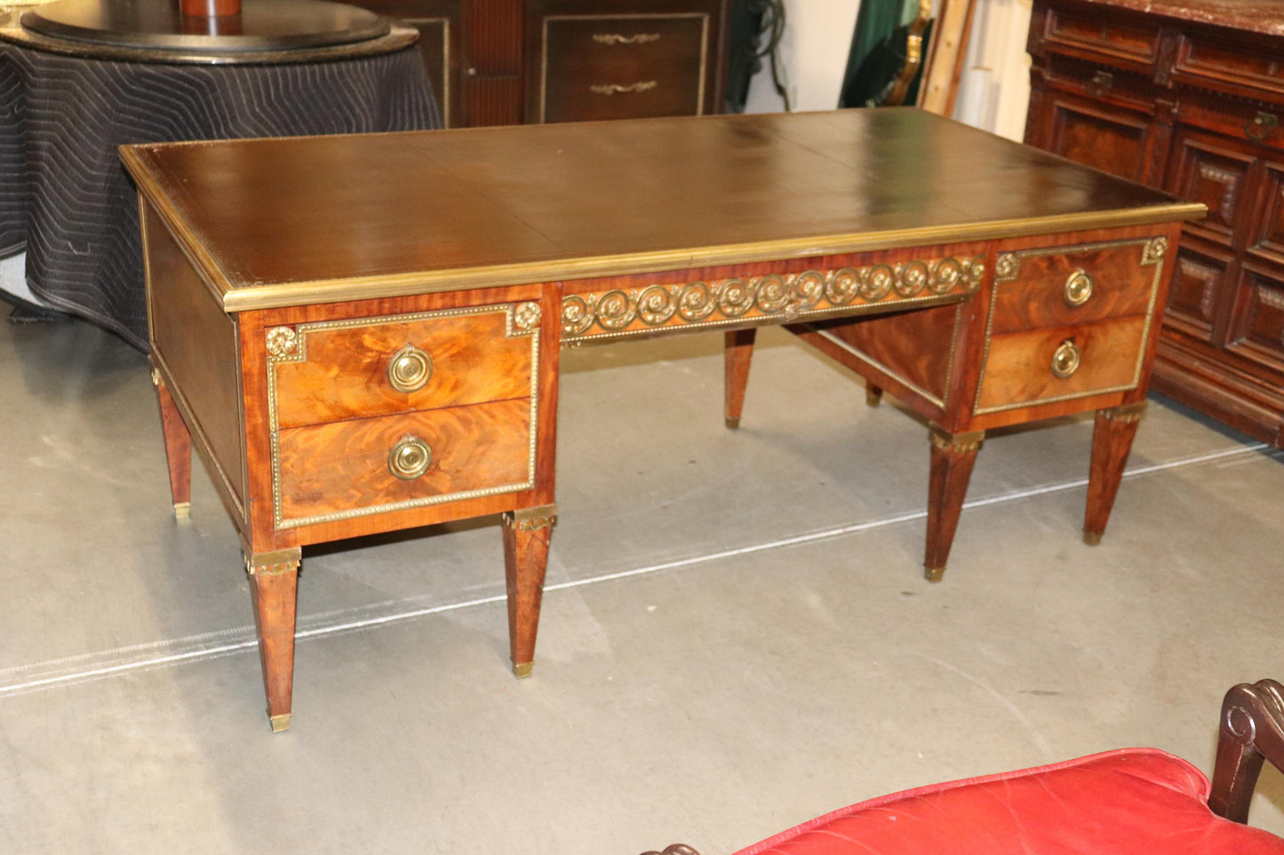 Rare Flame Mahogany Bronze Mounted Leather Top Francois Linke Desk Bureau Plat