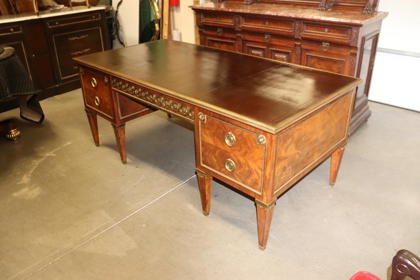 Rare Flame Mahogany Bronze Mounted Leather Top Francois Linke Desk Bureau Plat