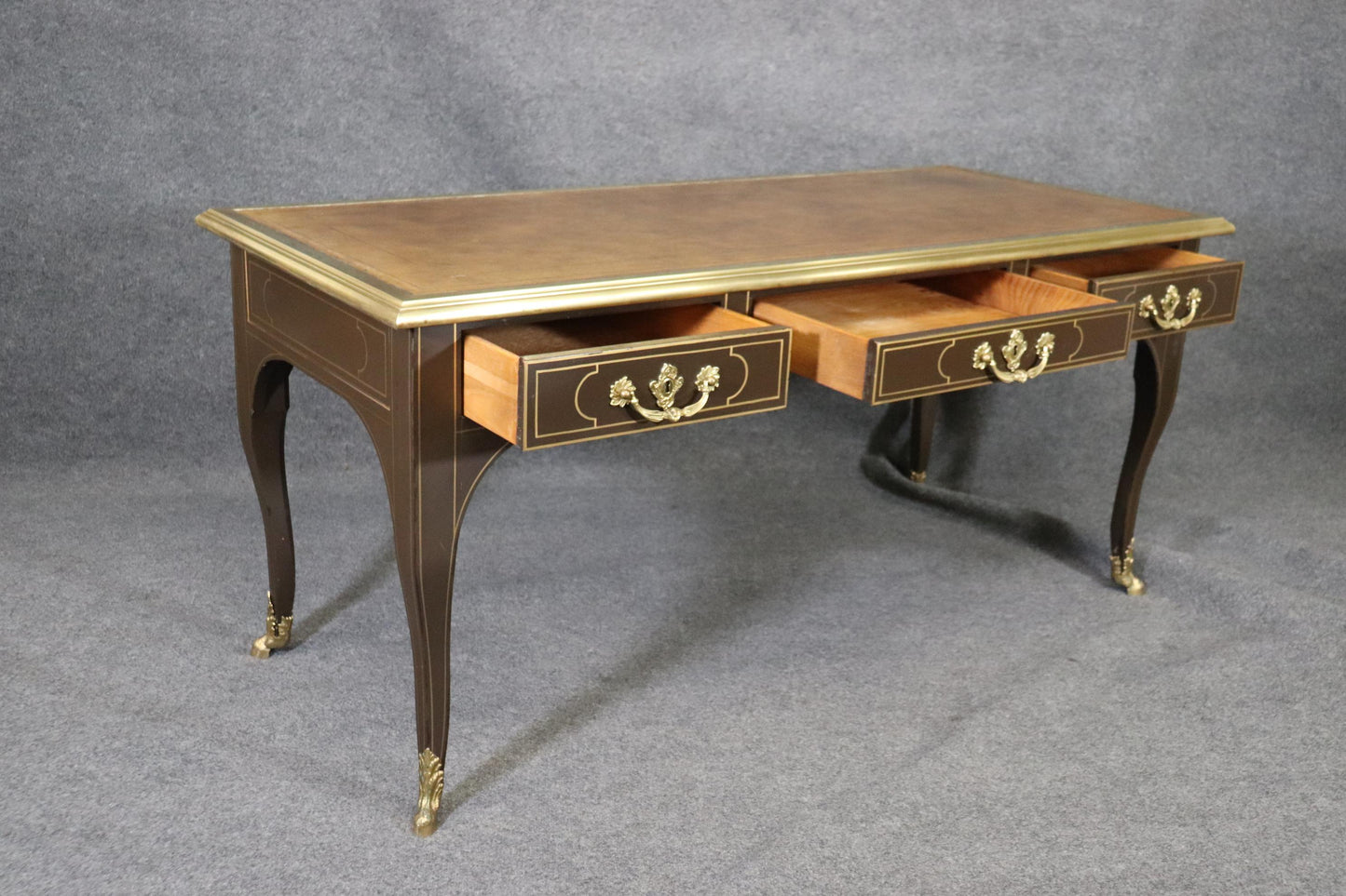 Brass Bound Leather Top Louis XV Bureau Plat Baker Collector's Edition Desk