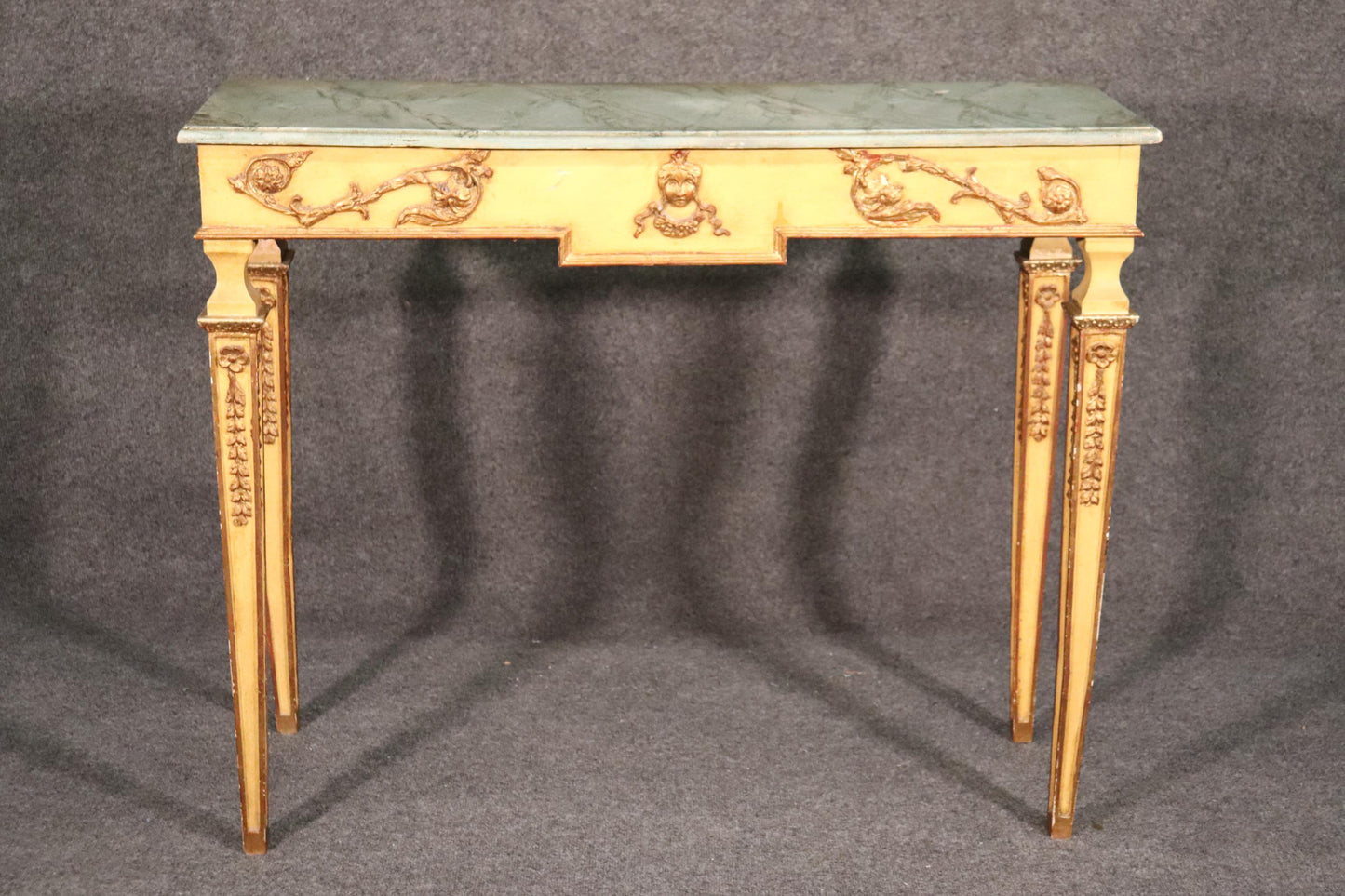 Faux Marble Paint Decorated French Regency Console Table in Creme Paint and Gilt