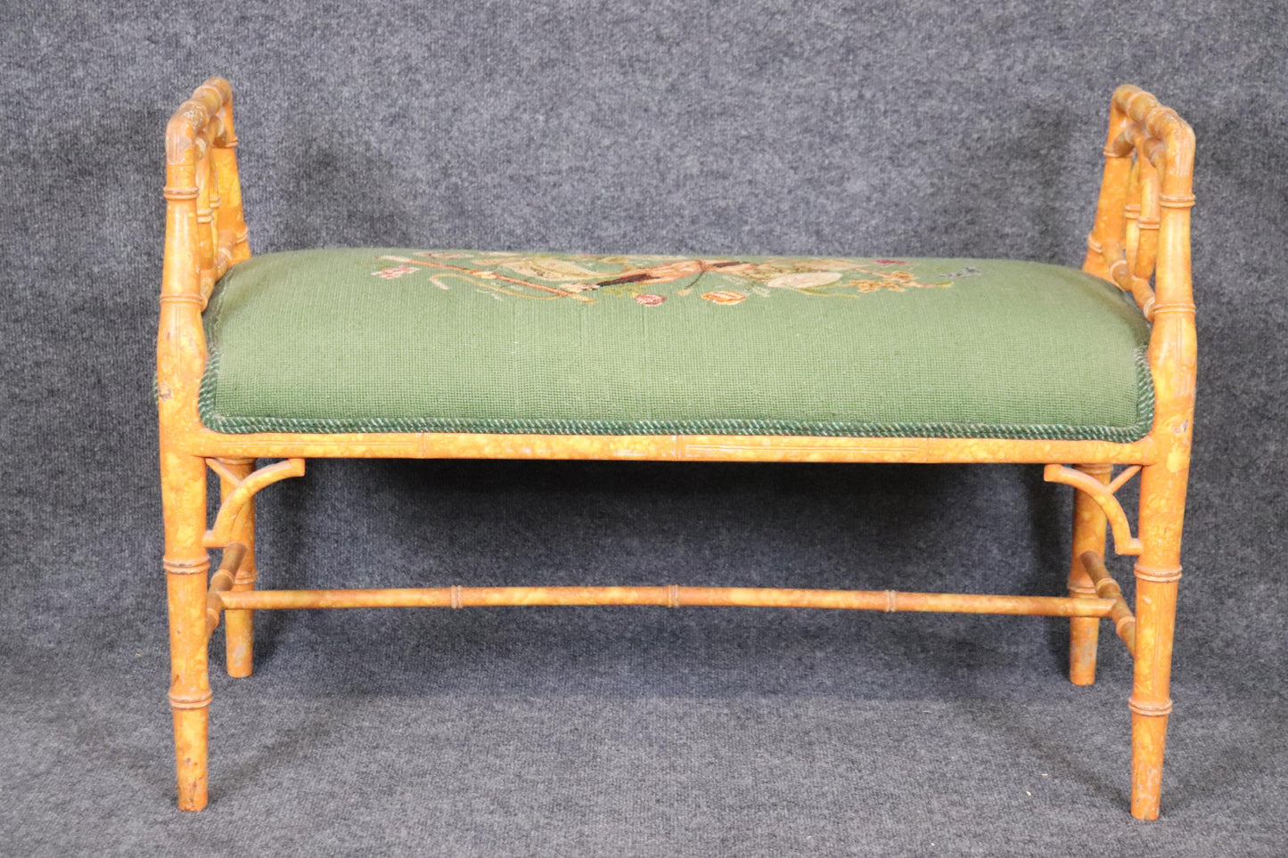 Faux Bamboo Paint Decorated Window Bench Stool with Needlepoint Upholstery