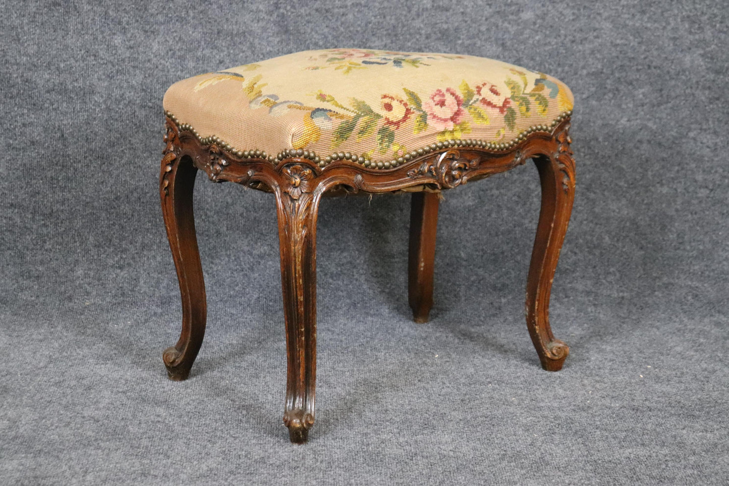 French Louis XV Carved Walnut Distressed Antique Needlepoint Upholstered Stool