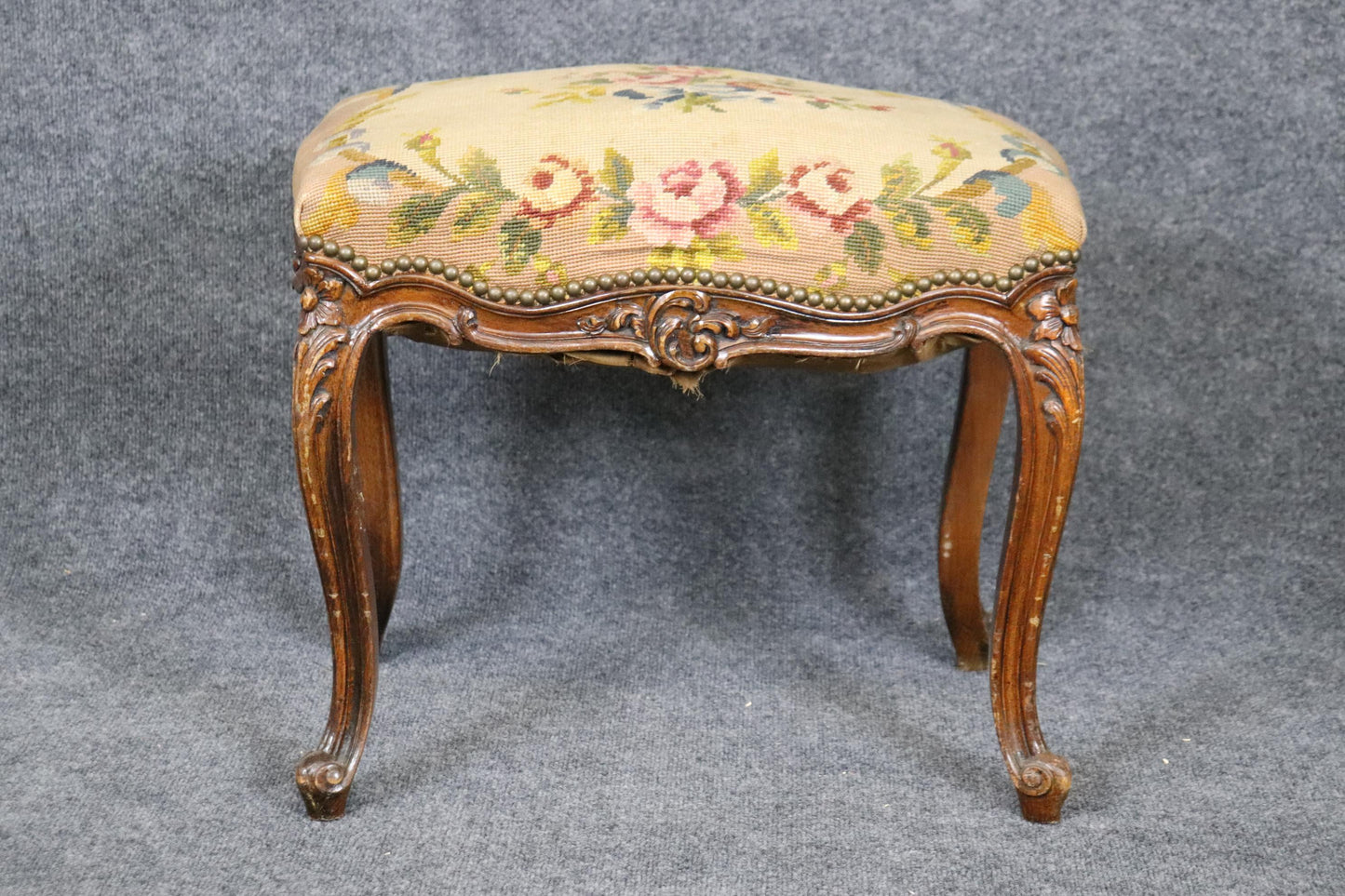 French Louis XV Carved Walnut Distressed Antique Needlepoint Upholstered Stool