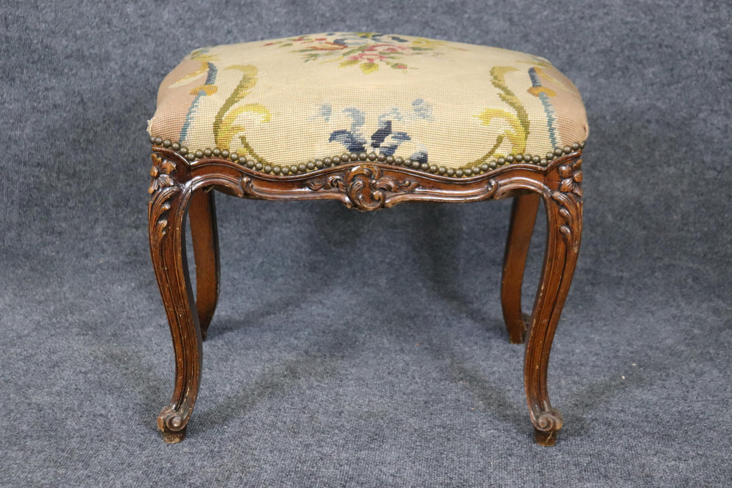 French Louis XV Carved Walnut Distressed Antique Needlepoint Upholstered Stool