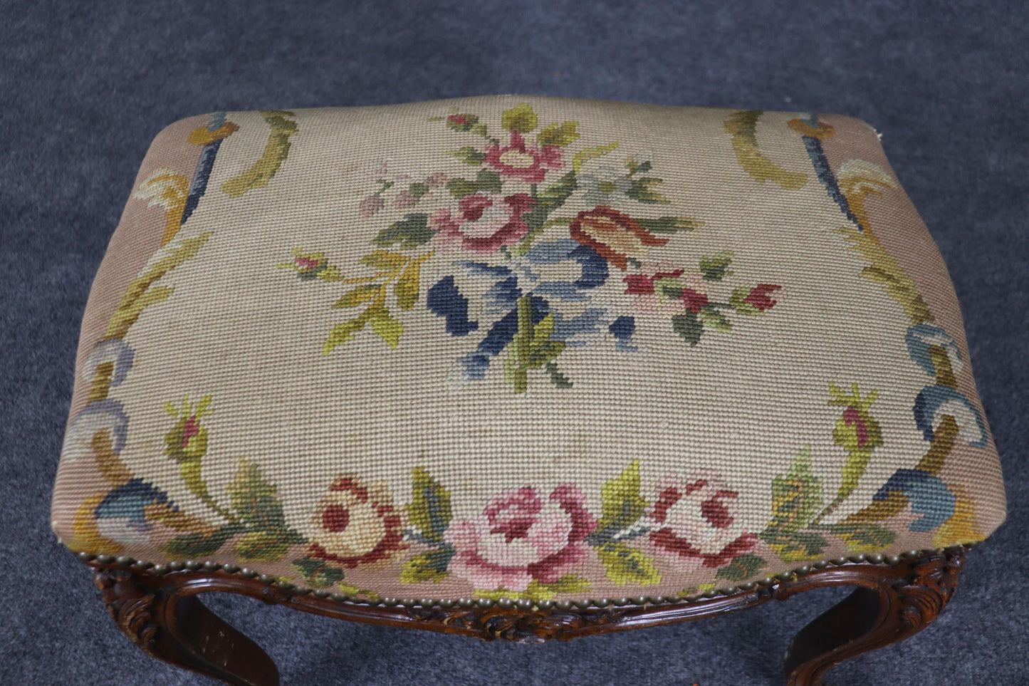 French Louis XV Carved Walnut Distressed Antique Needlepoint Upholstered Stool