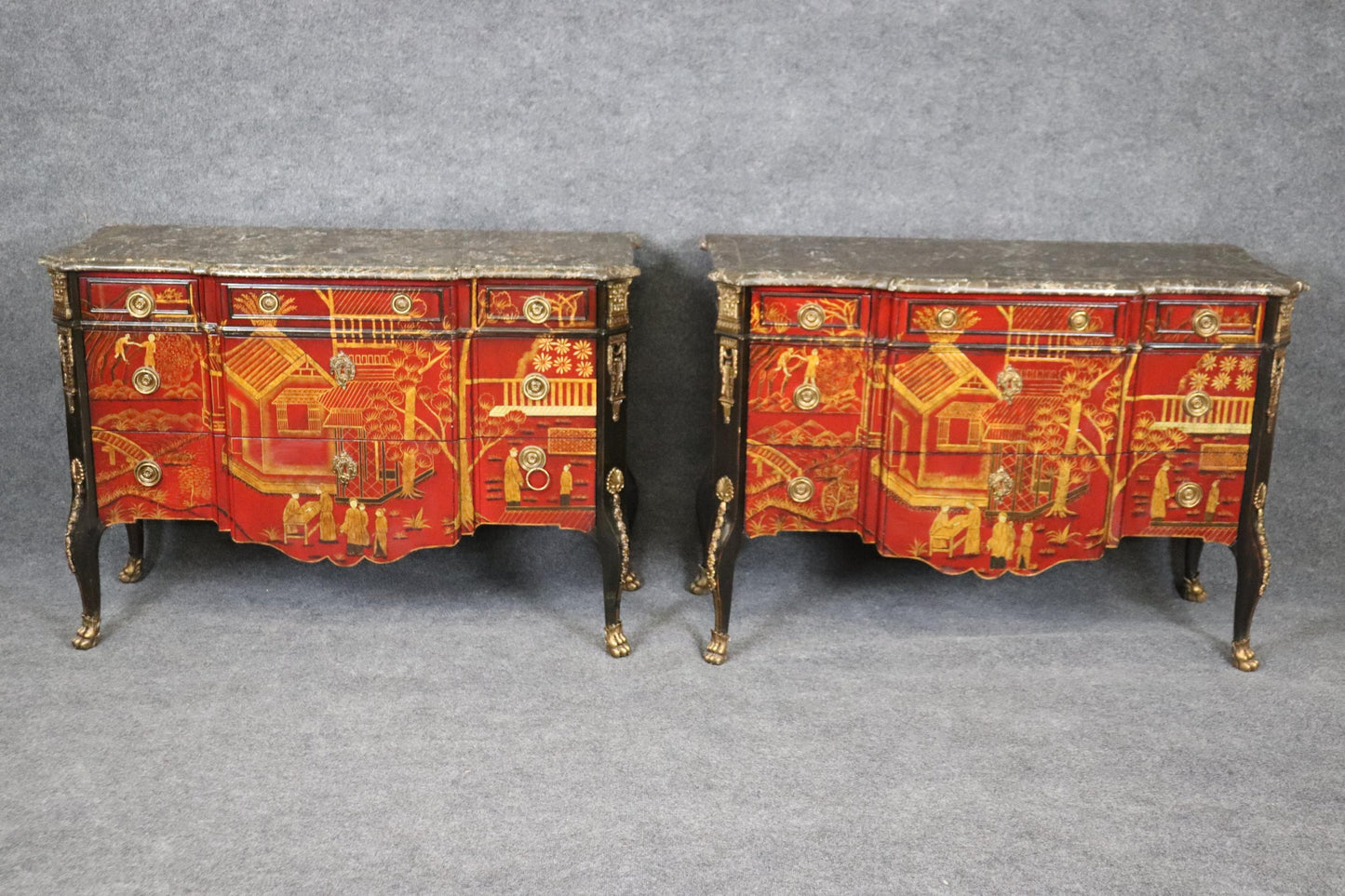 Pair Red Gold Chinoiserie French Louis XV Style Maitland Smith Marble Commodes